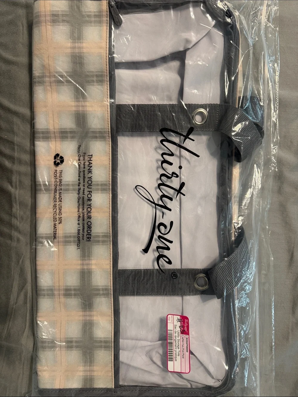 NEW in packaging- thirty-one Utility Storage Tote - Pale pink & Gray.
